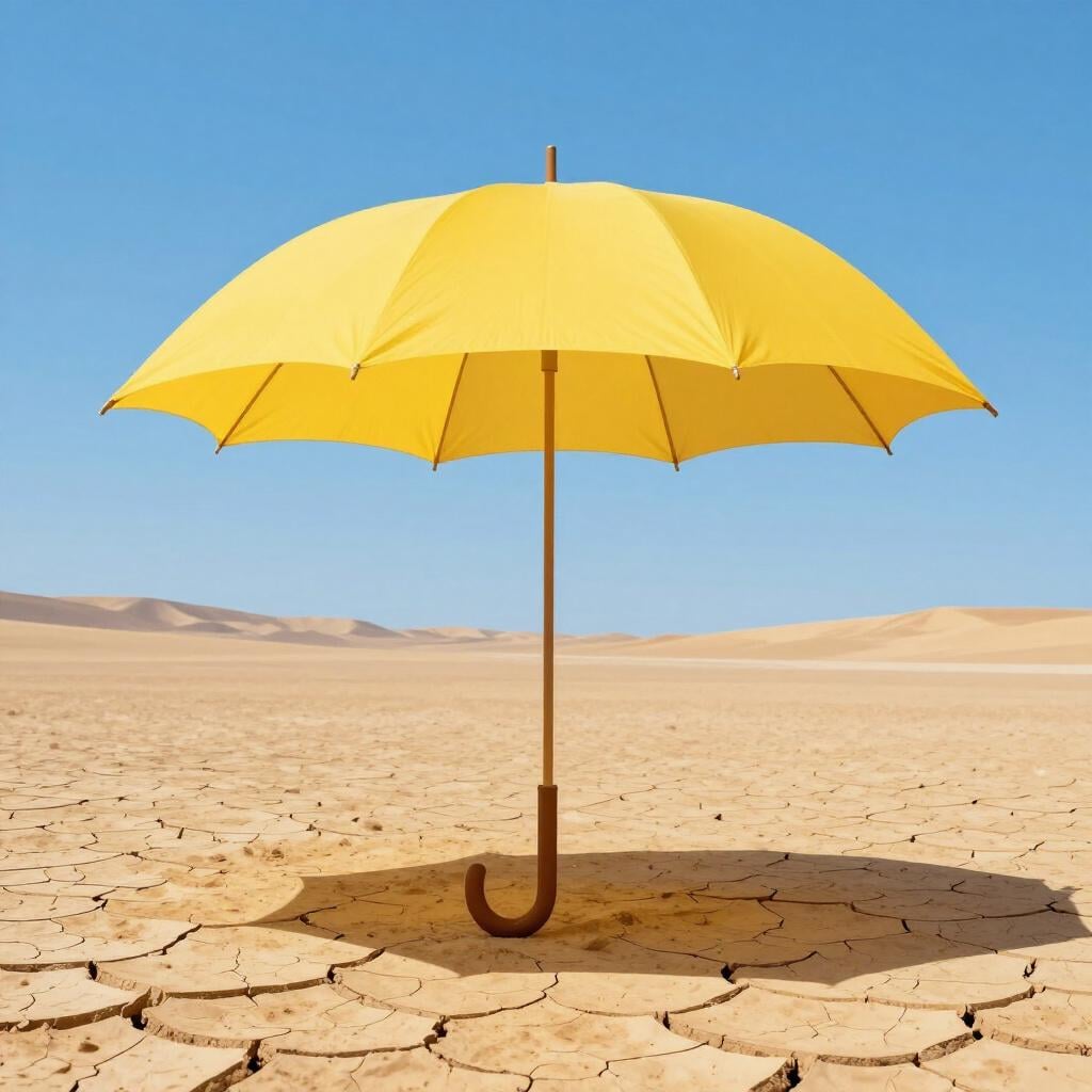 A large, colorful umbrella standing open in the middle of a desert with no rain in sight.