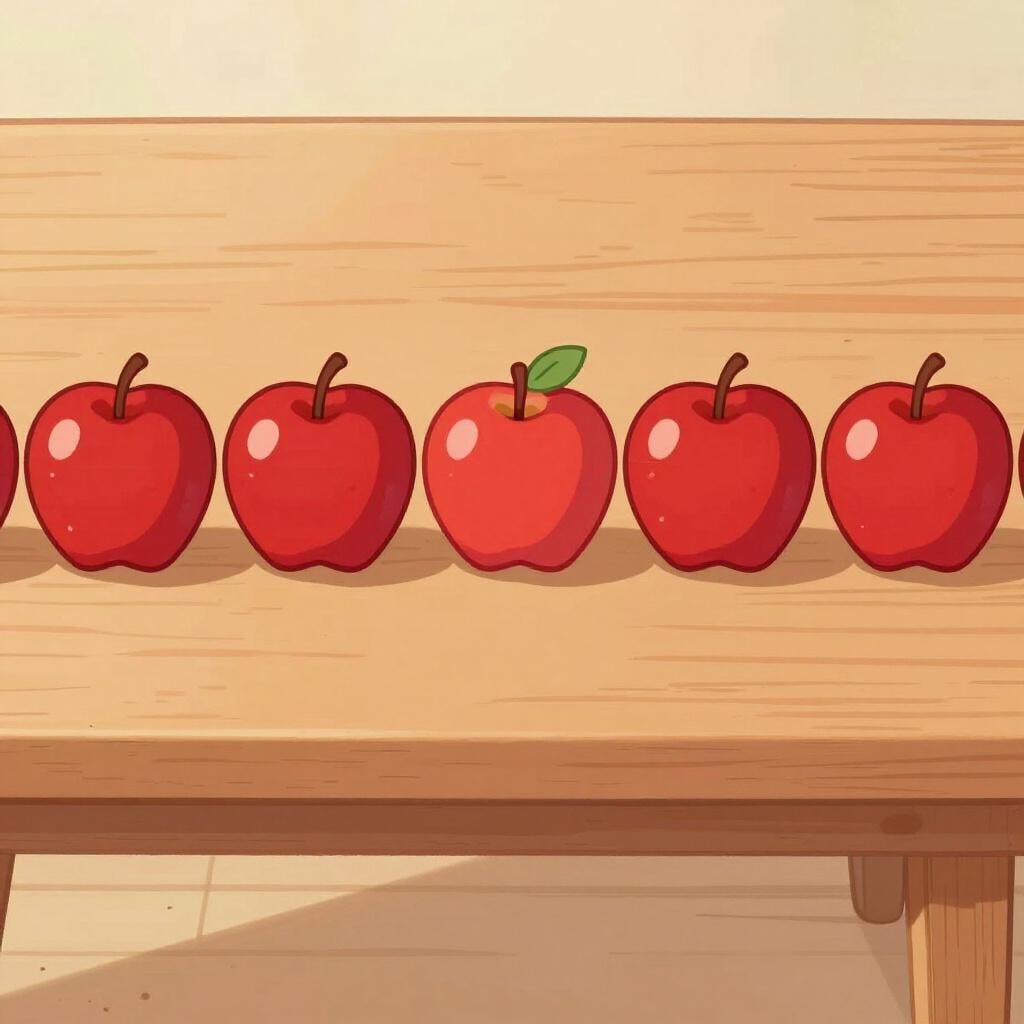 A row of colorful apples with one empty space where an apple should be.