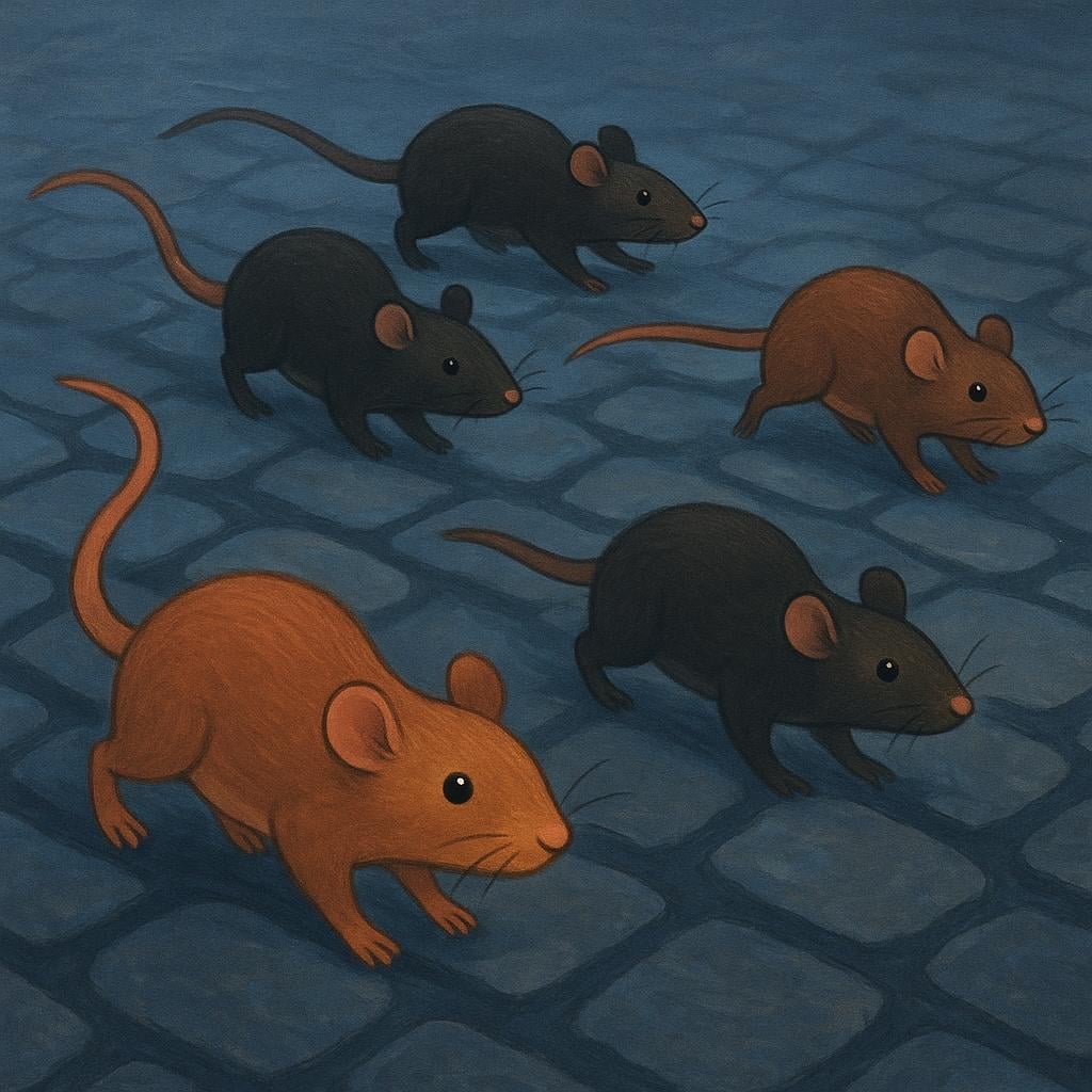 Several brown and black rats gathered closely together, symbolizing a historical plague or infestation.
