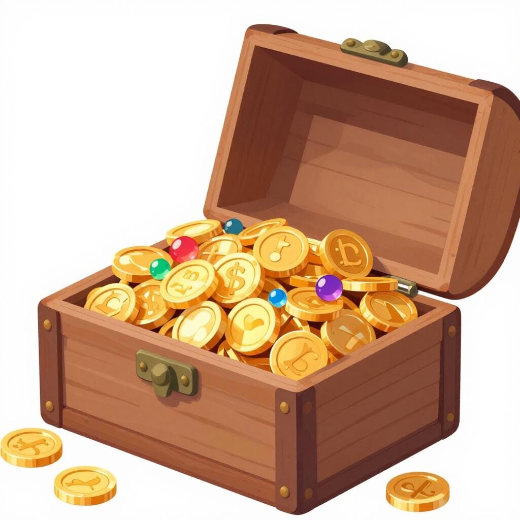 たくさんの輝く金貨とキラキラ光る宝石であふれかえった、開いた木製の宝箱。