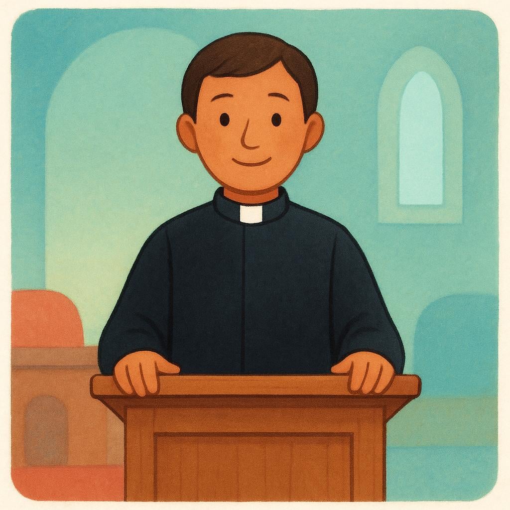A person wearing a dark clerical robe and a white clerical collar, standing at a wooden pulpit, representing a religious minister.