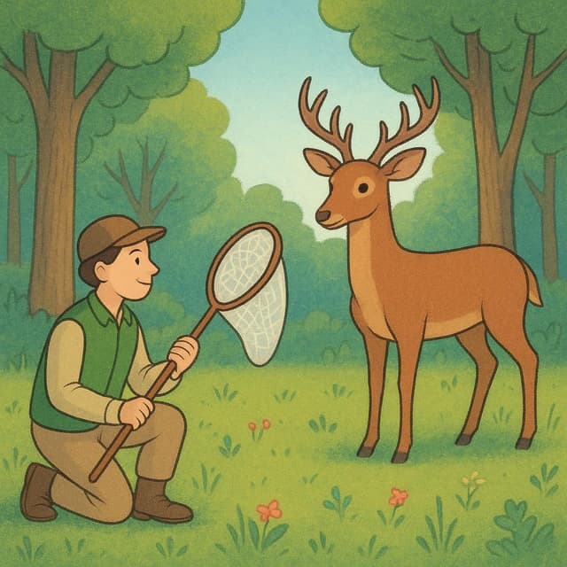 A high-quality simple colorful storybook illustration showing a person in hunting attire aiming a harmless net at a deer standing in a forest clearing, illustrating the pursuit of wild animals.