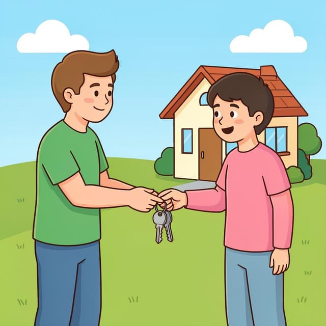 A person handing a set of keys to another person in front of a small apartment building.