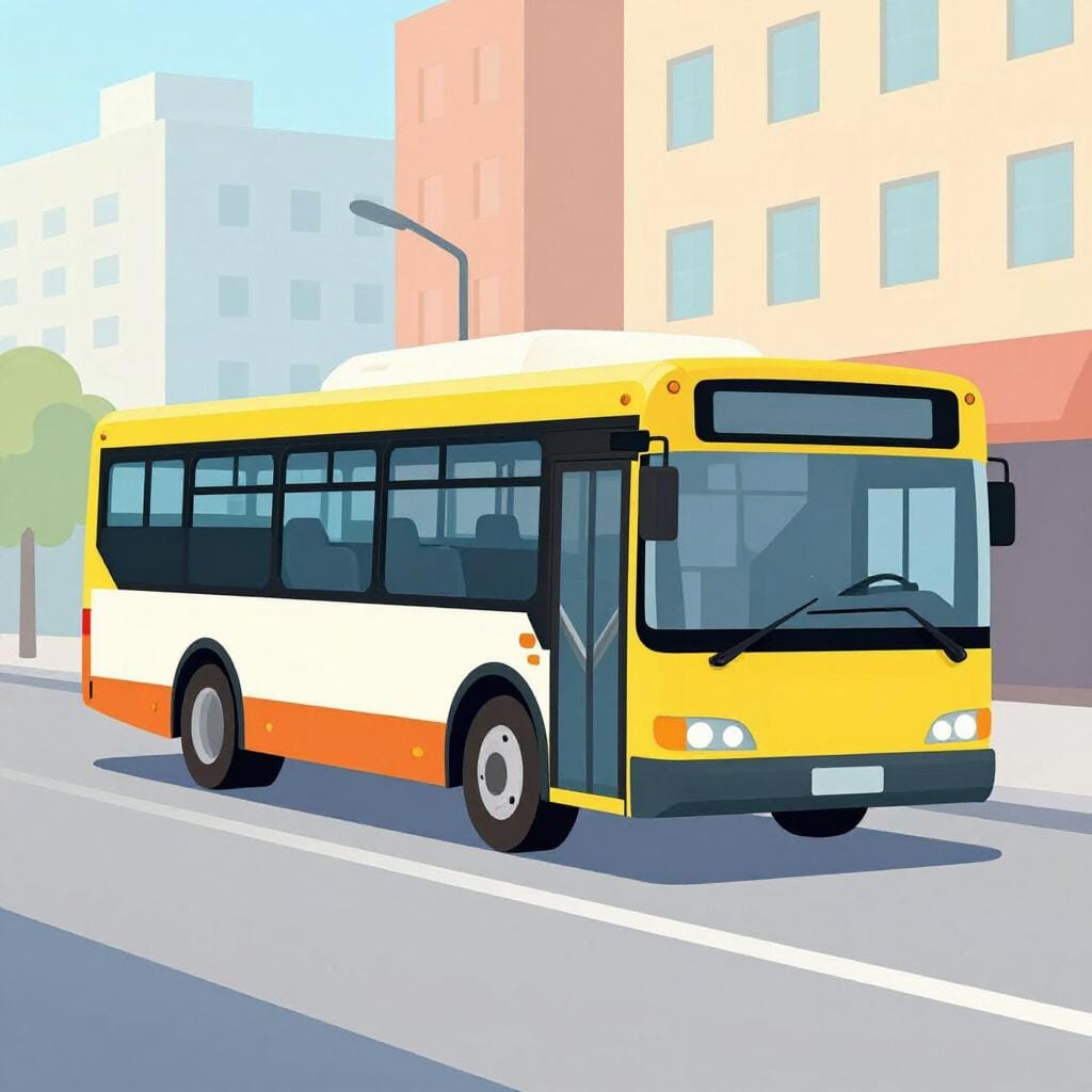 Un autobus urbano di colore blu brillante e bianco fermo all'angolo di una strada con un semplice albero sullo sfondo.