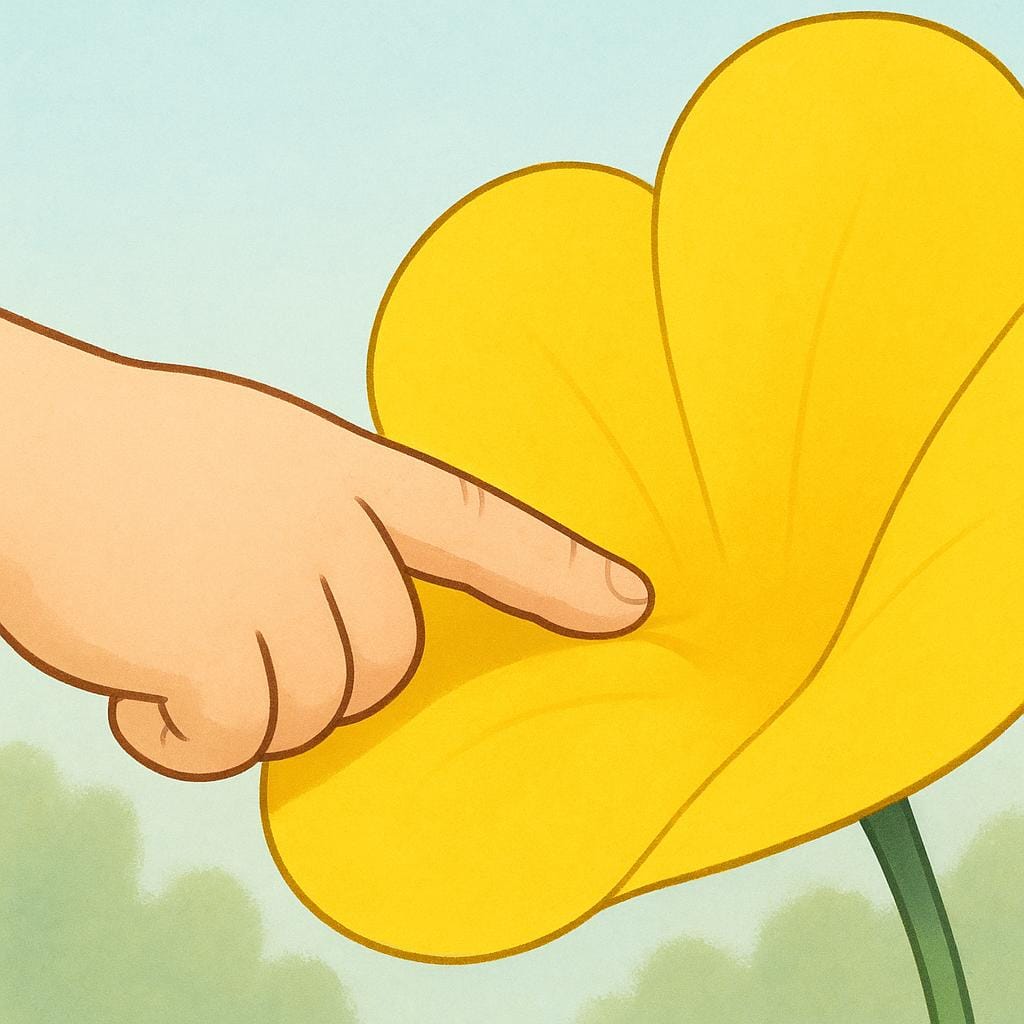 A small hand reaching forward with one finger extended to gently press onto a large, smooth, bright yellow flower petal, emphasizing the action of touching.