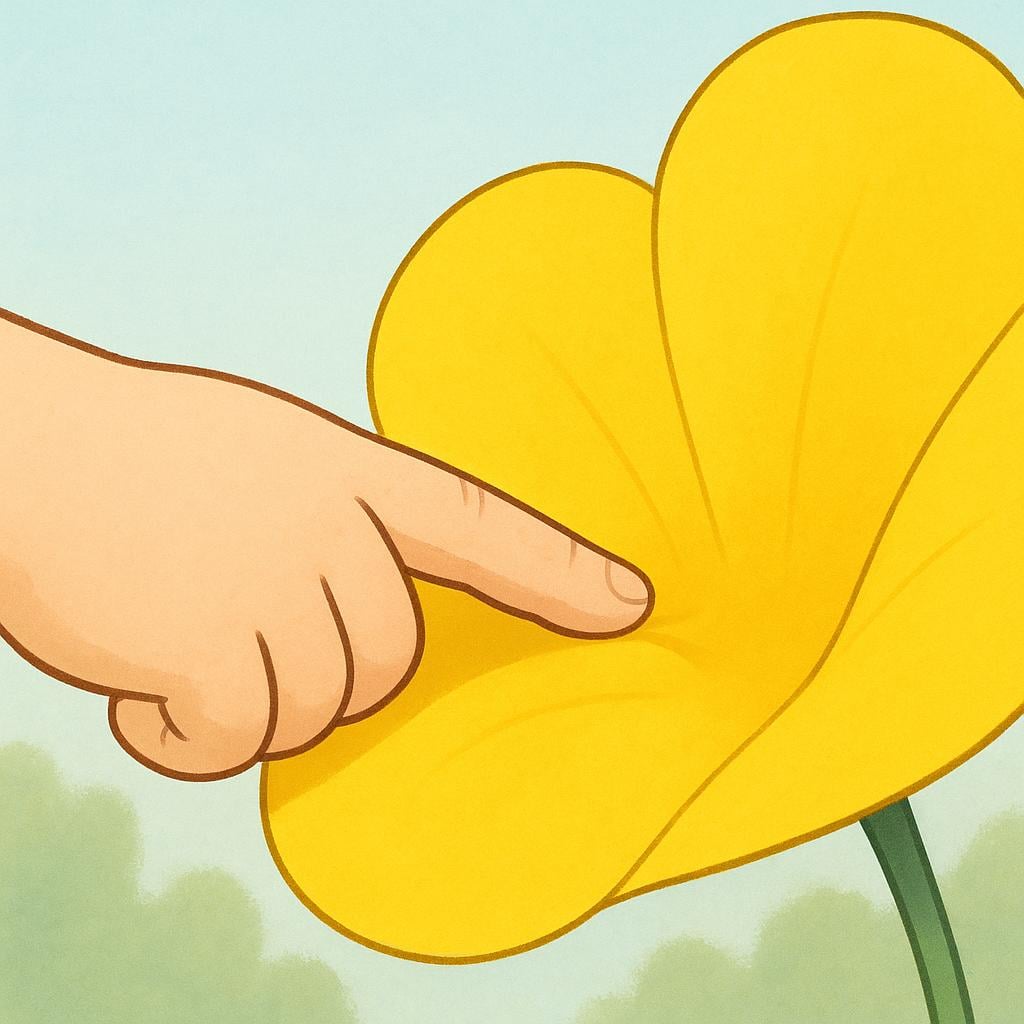 A small hand reaching forward with one finger extended to gently press onto a large, smooth, bright yellow flower petal, emphasizing the action of touching.
