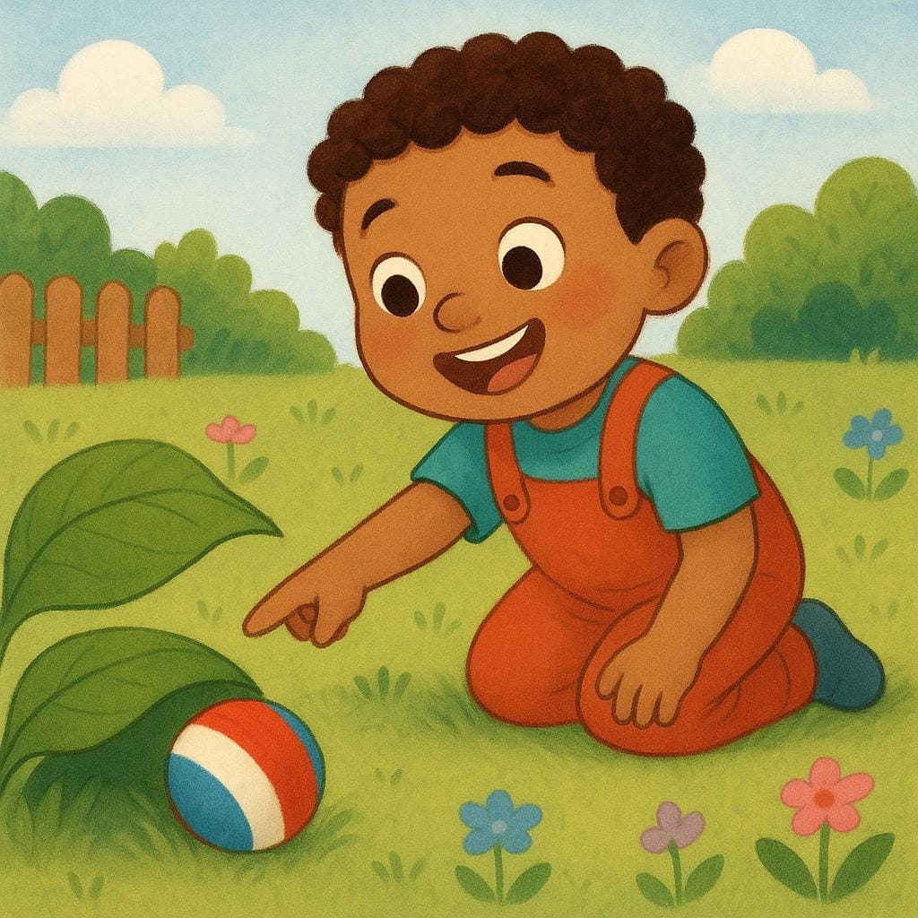 A small child excitedly pointing at a bright red ball partially hidden behind a green bush, illustrating the act of finding something.