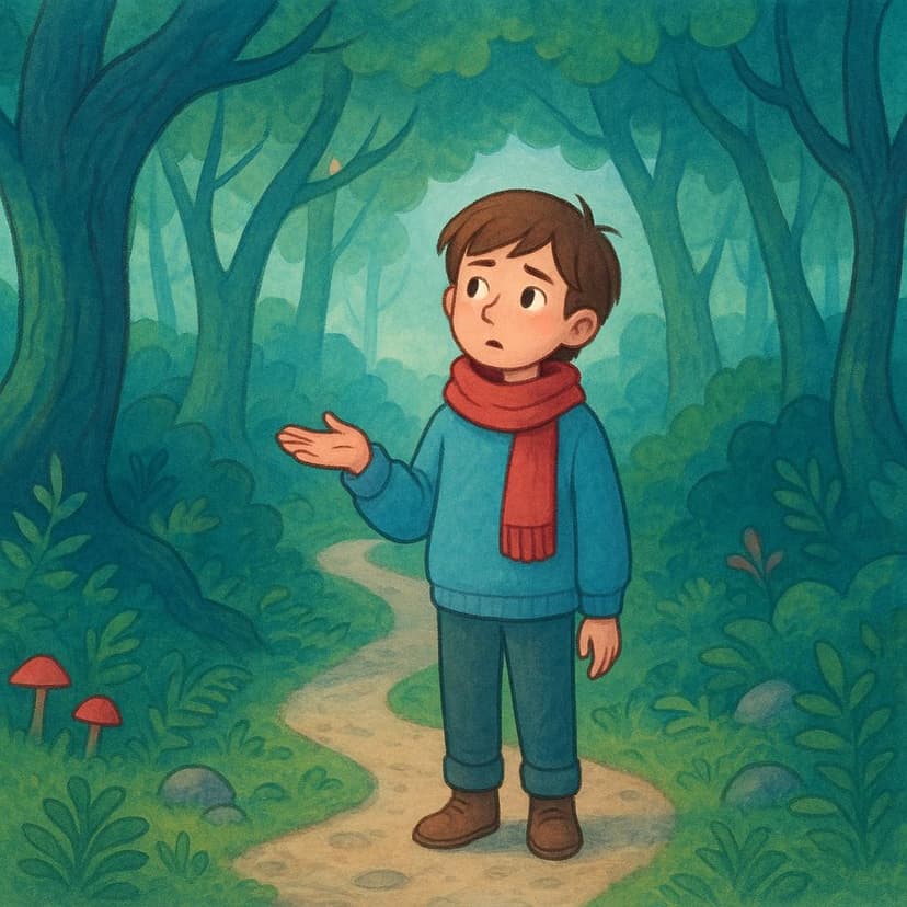 A confused person standing alone on a winding forest path, unsure of which direction to go.