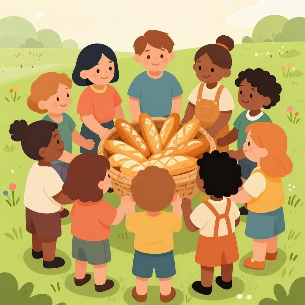 A group of diverse people in simple clothing standing together and sharing a large basket of bread equally.