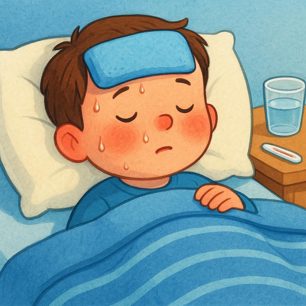 A child in bed looking flushed and unwell, with a damp cloth on their forehead to cool the high temperature.