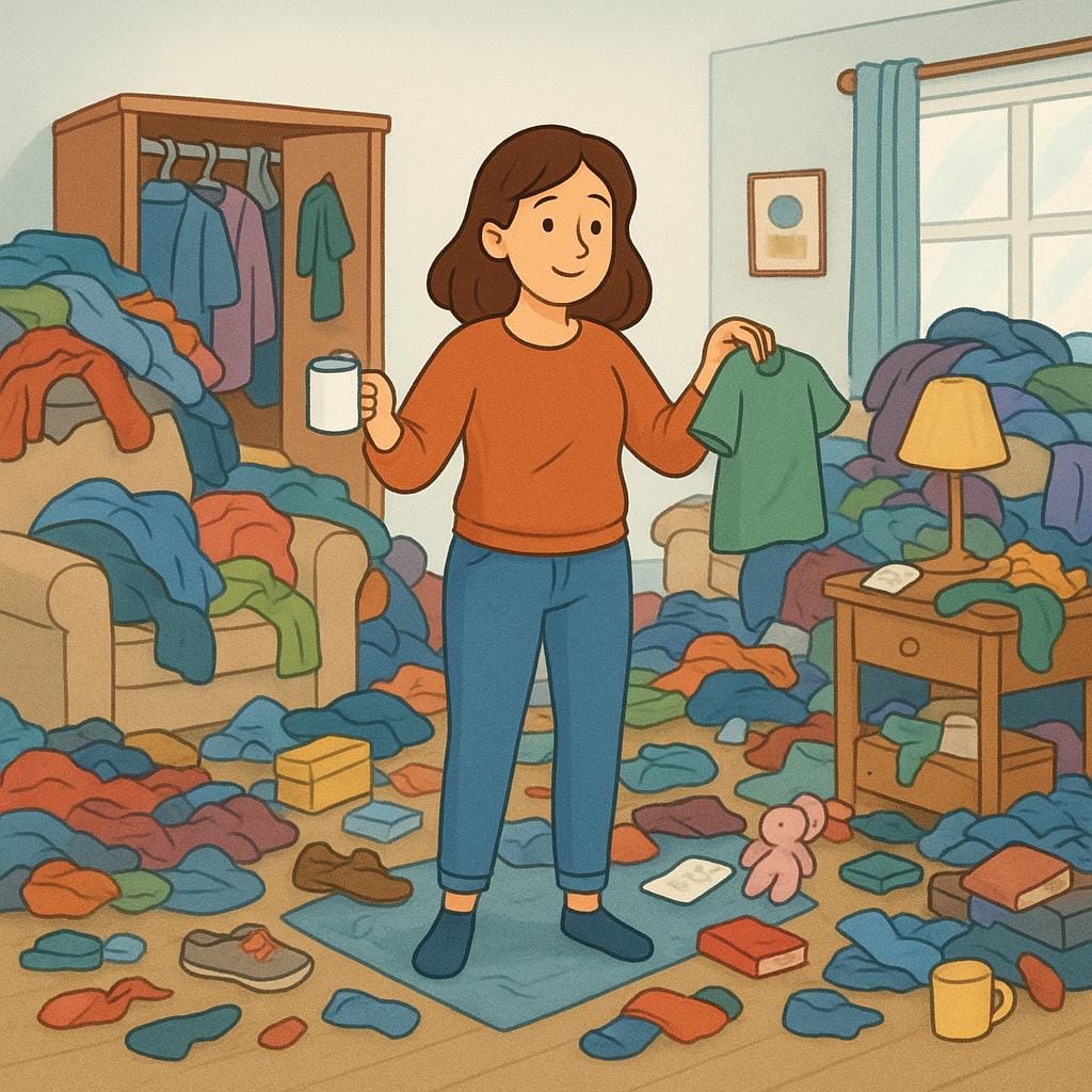 A woman with very messy hair and disorganized clothes standing in a room overwhelmed by piles of clutter, disorganized belongings, and laundry.