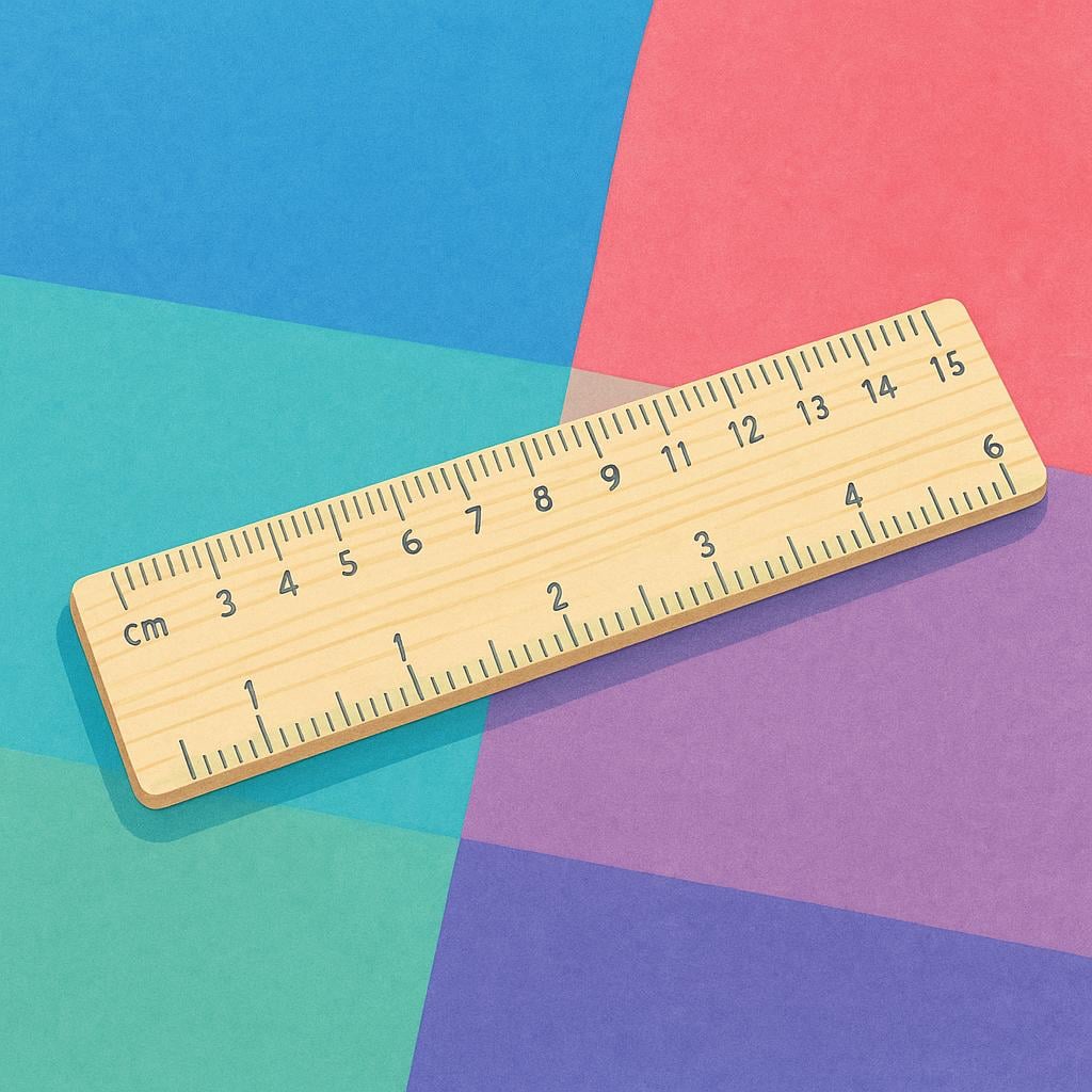 A close-up view of a long, straight, wooden ruler with clear markings, placed flat on a brightly colored surface.