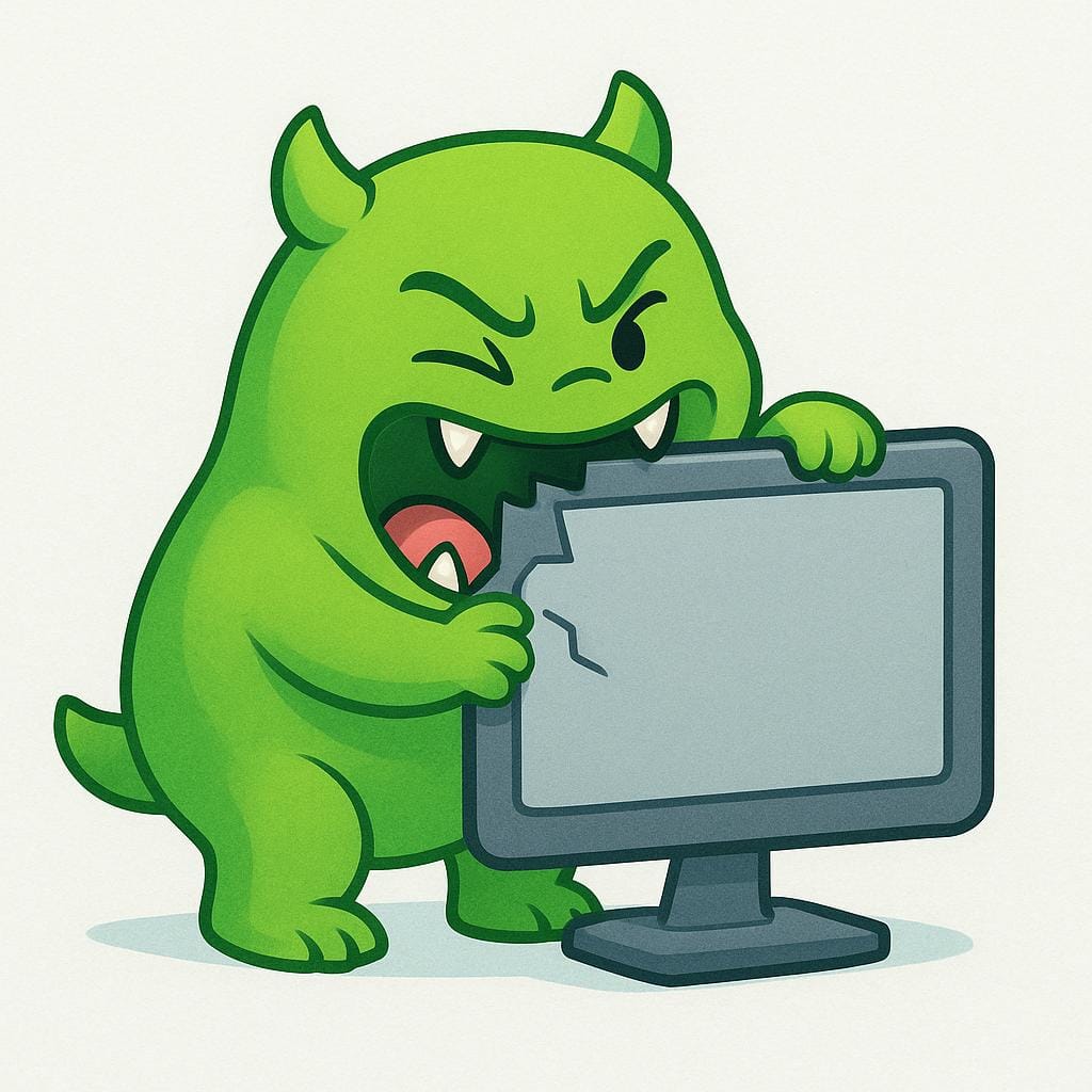 A small, menacing, green cartoon creature with sharp teeth aggressively biting a generic, gray computer screen icon, illustrating malicious software.