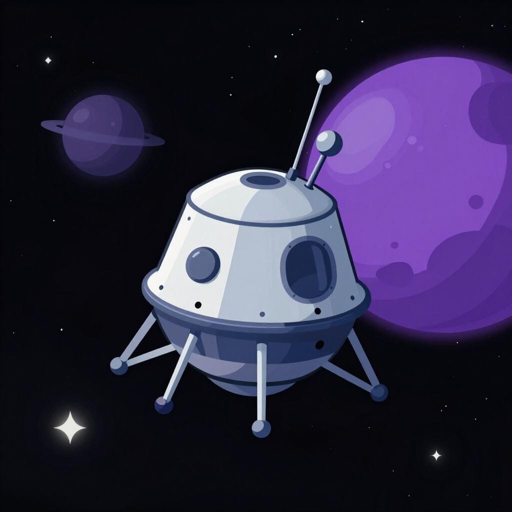 A sleek, metallic robotic space probe floating in the vast darkness of space near a colorful planet.