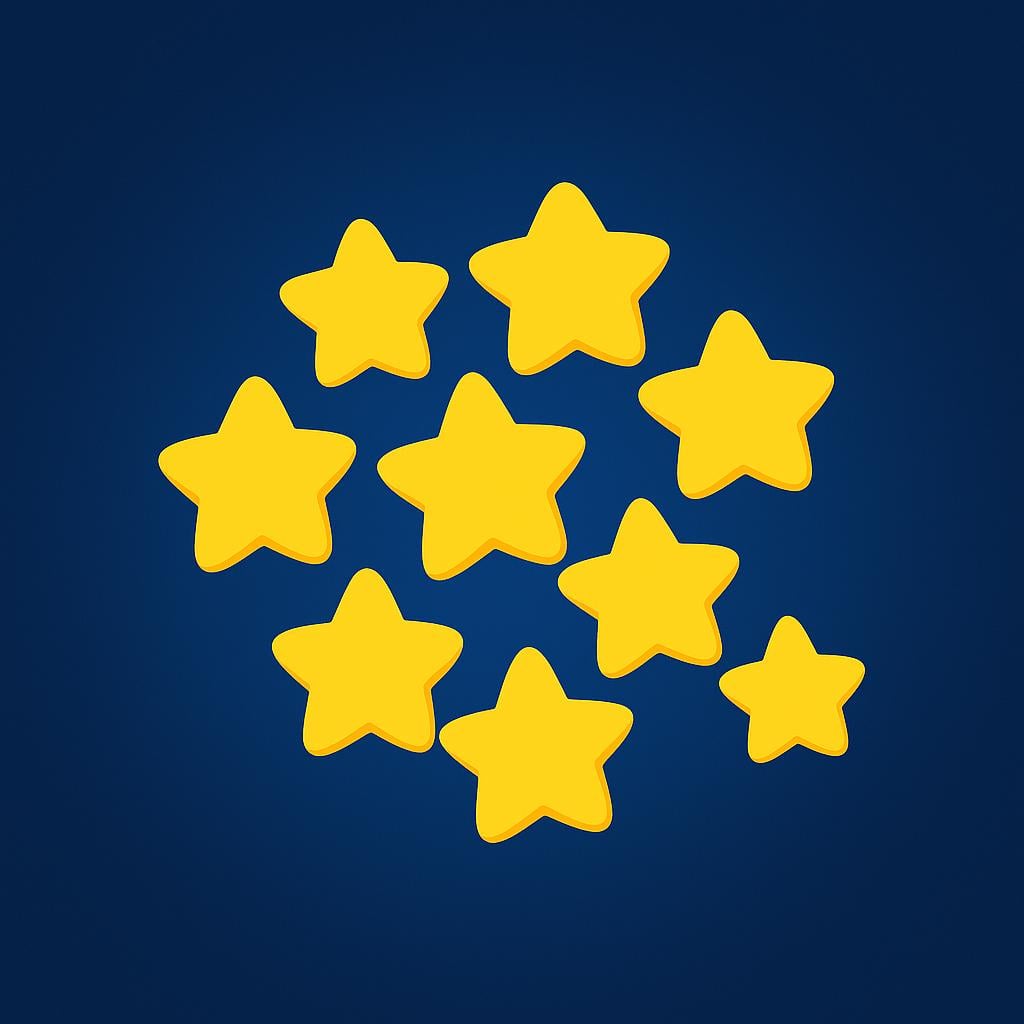 A collection of nine small, brightly colored yellow stars clustered together in a group, representing the numerical value.