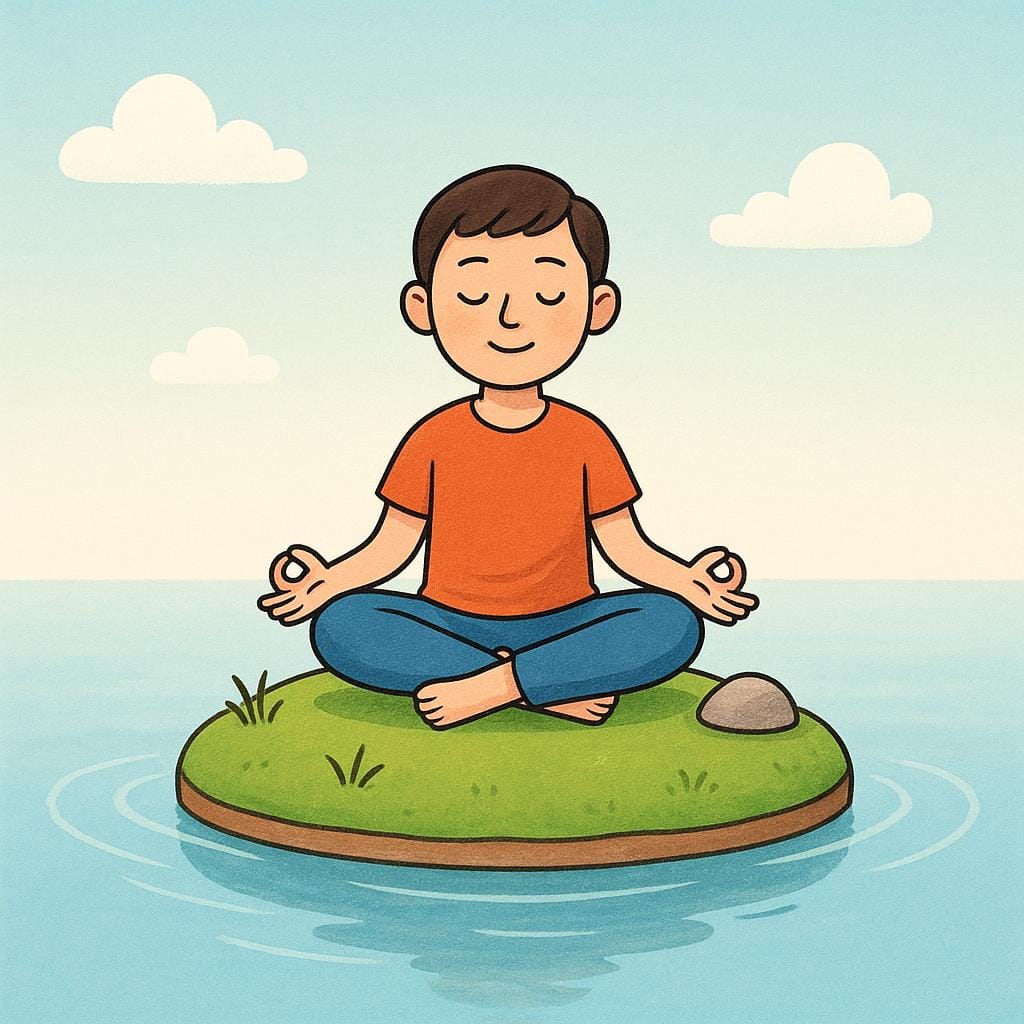 Une personne assise calmement en position de méditation sur une minuscule île flottante au milieu d'une eau lisse et calme.