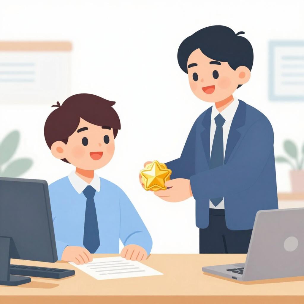 A friendly person in a professional suit handing a gold badge to another smiling person.