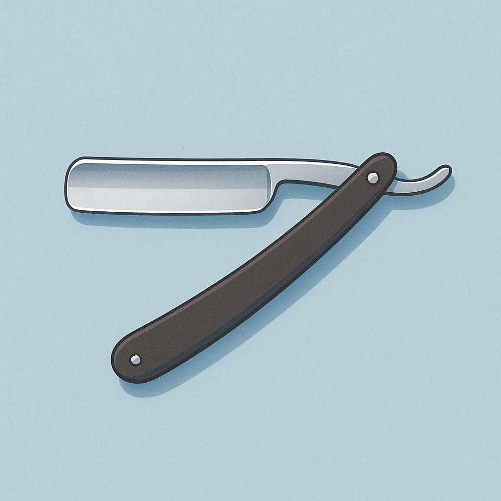 A traditional straight razor, used for shaving, with a long silver blade and a dark handle.