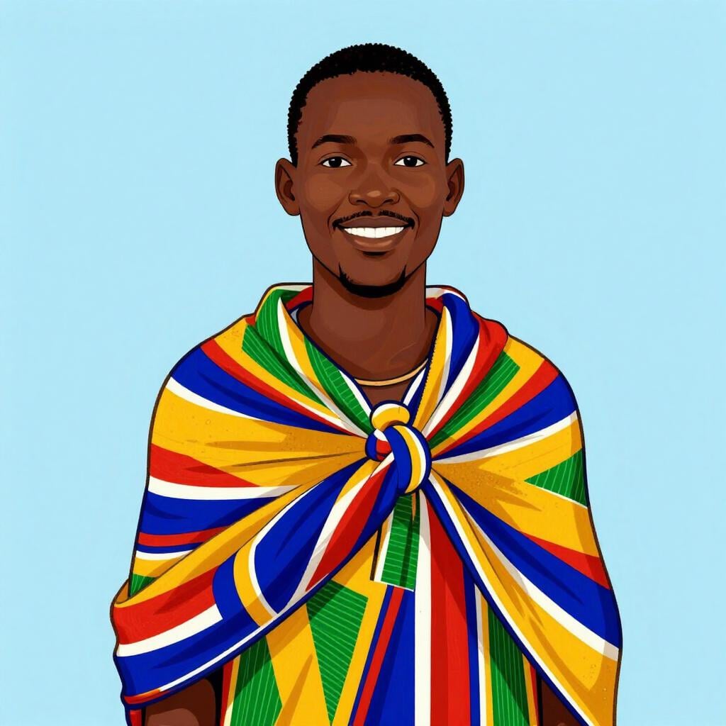 Un'illustrazione amichevole di una persona con un'espressione gioiosa che indossa motivi africani tradizionali e vibranti.