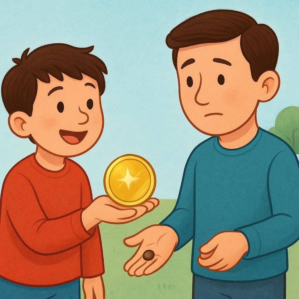 A high-quality storybook illustration showing one simple character being tricked into giving a large gold coin to a second character who is concealing a small, worthless brown pebble in their other hand.