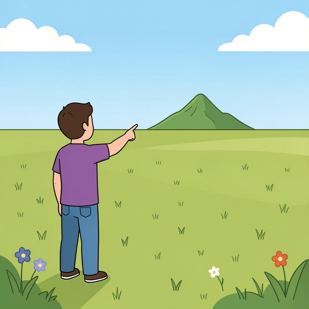 A person pointing toward a distant green mountain in the far background.