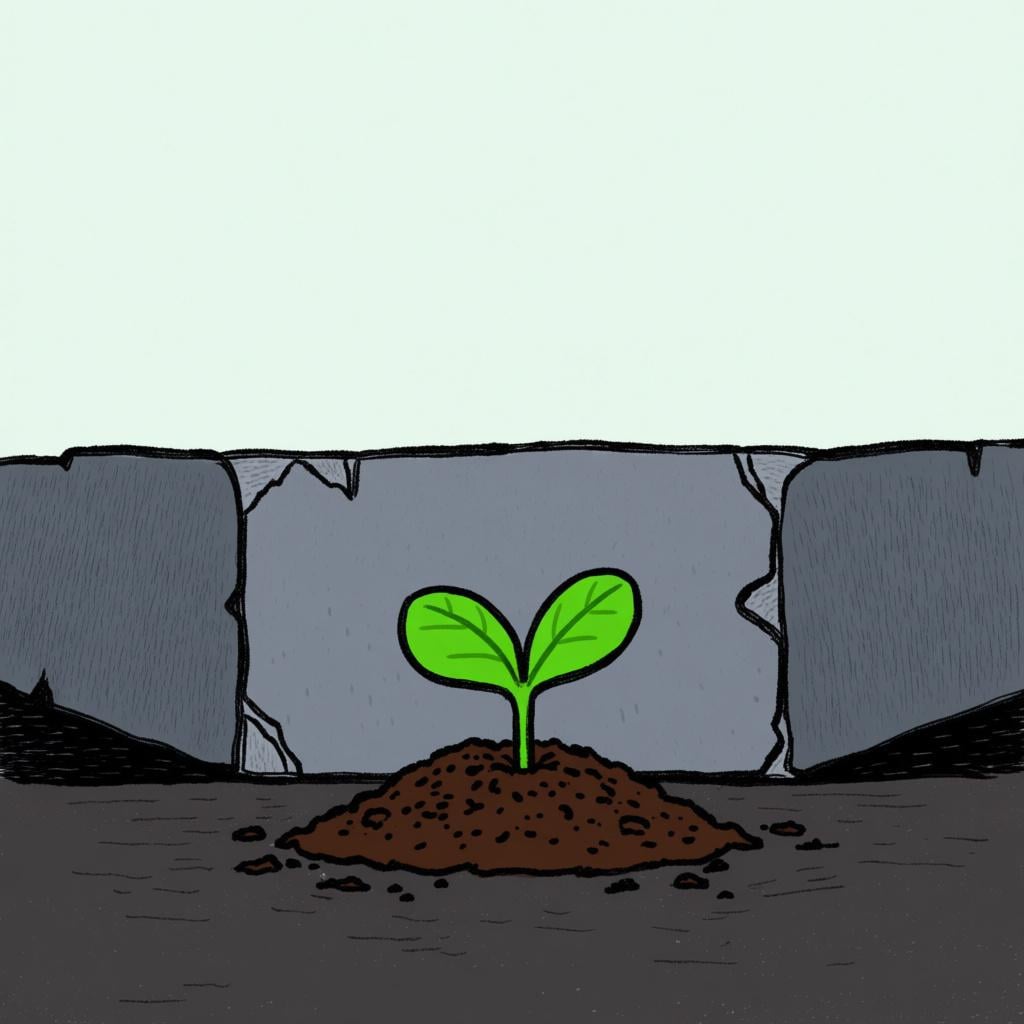 A tiny green sprout attempting to push through the soil, but a massive, flat, impenetrable gray concrete slab rests firmly on the ground directly above it, symbolizing absolute prevention.