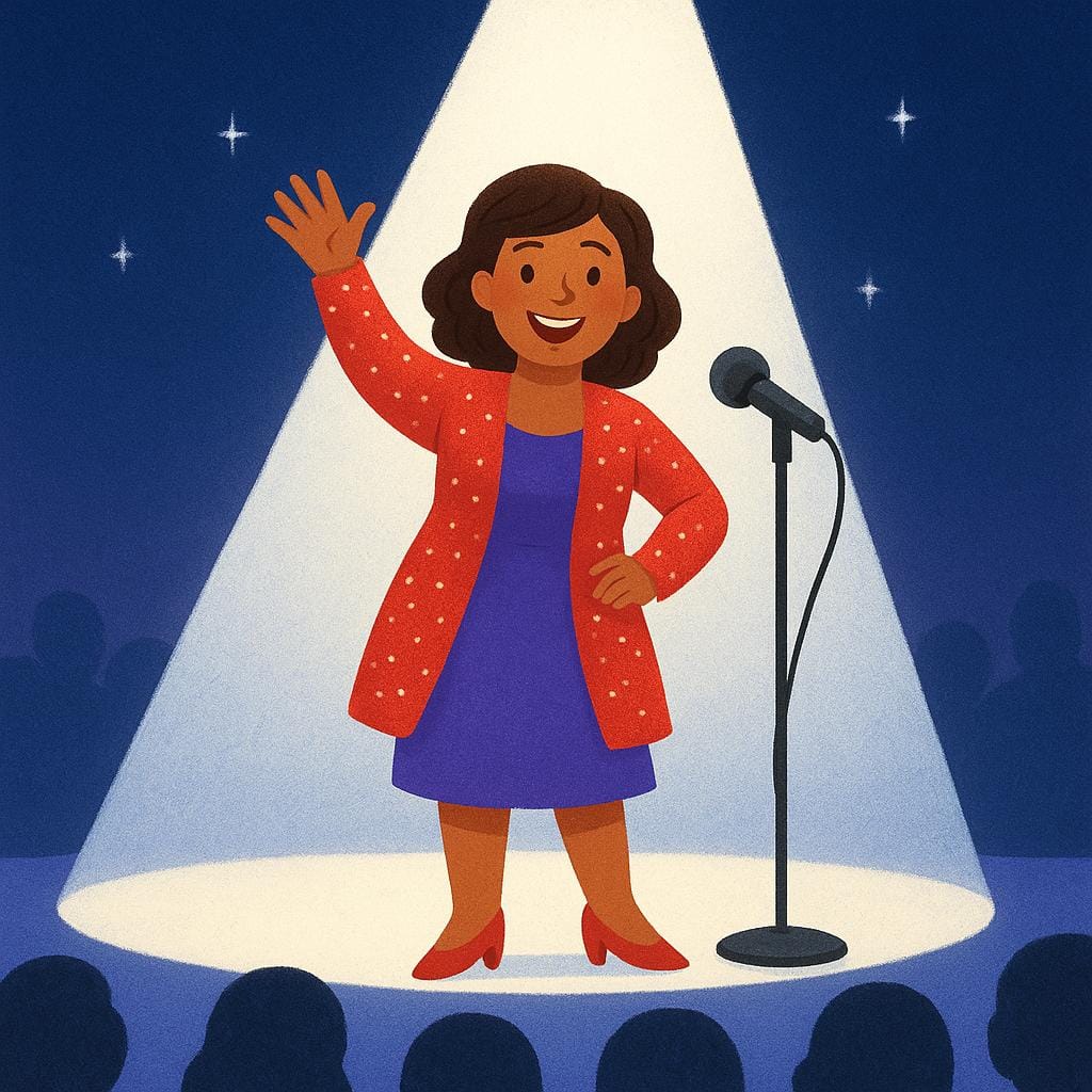 Un chanteur souriant se tenant au centre de la scène sous un projecteur vif, saluant le public, représentant une célébrité admirée.