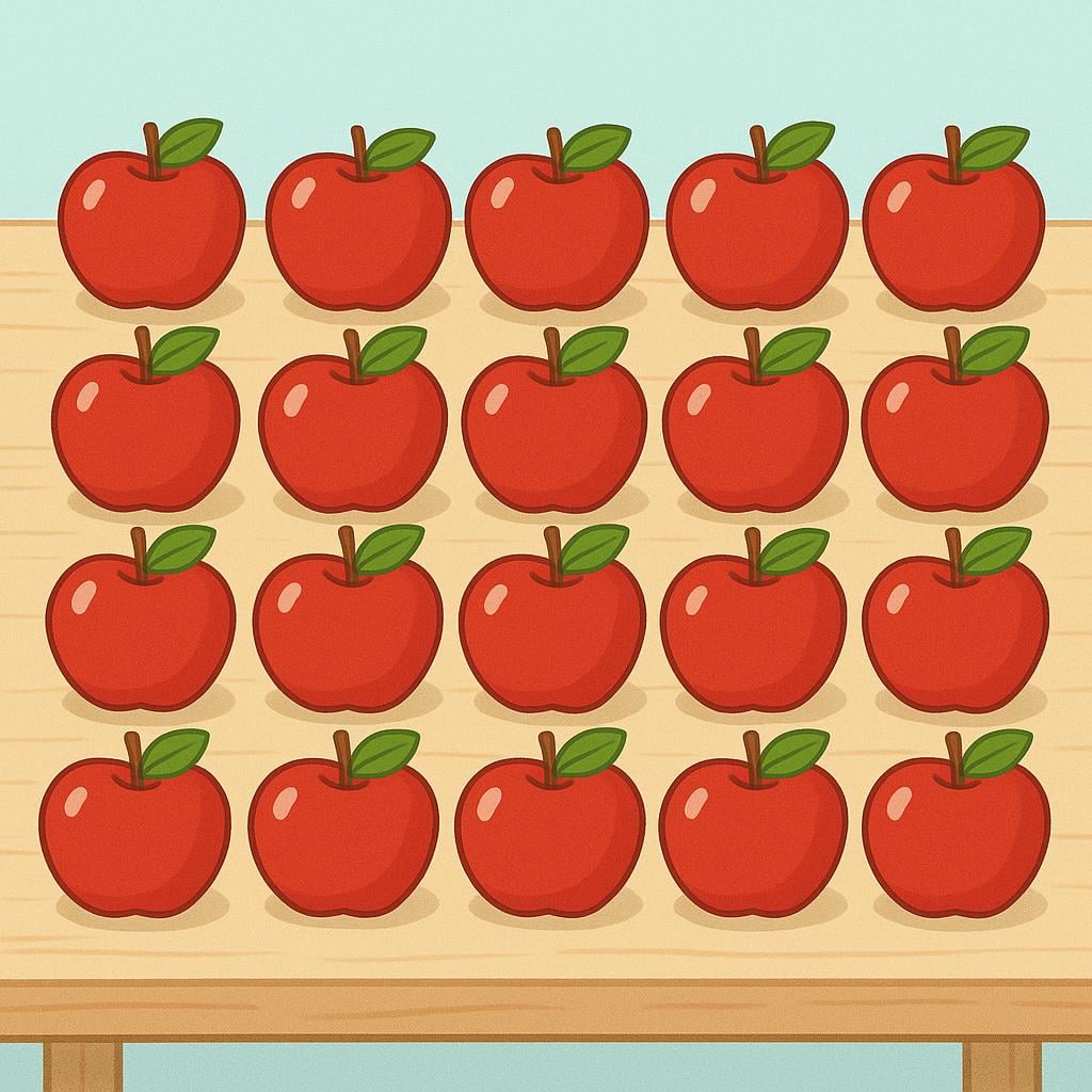 A visual representation of the quantity twenty, showing twenty bright red apples arranged neatly on a simple wooden table.