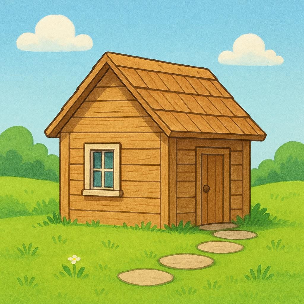 A small, unpainted wooden cottage with a single window and a simple stone path leading to the door, surrounded by green grass.