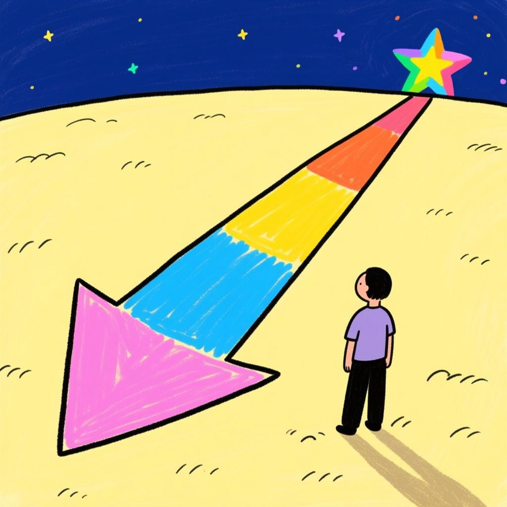 A cartoon character standing at the start of a winding, colored path that leads toward a star, symbolizing steps and intentions for the future.