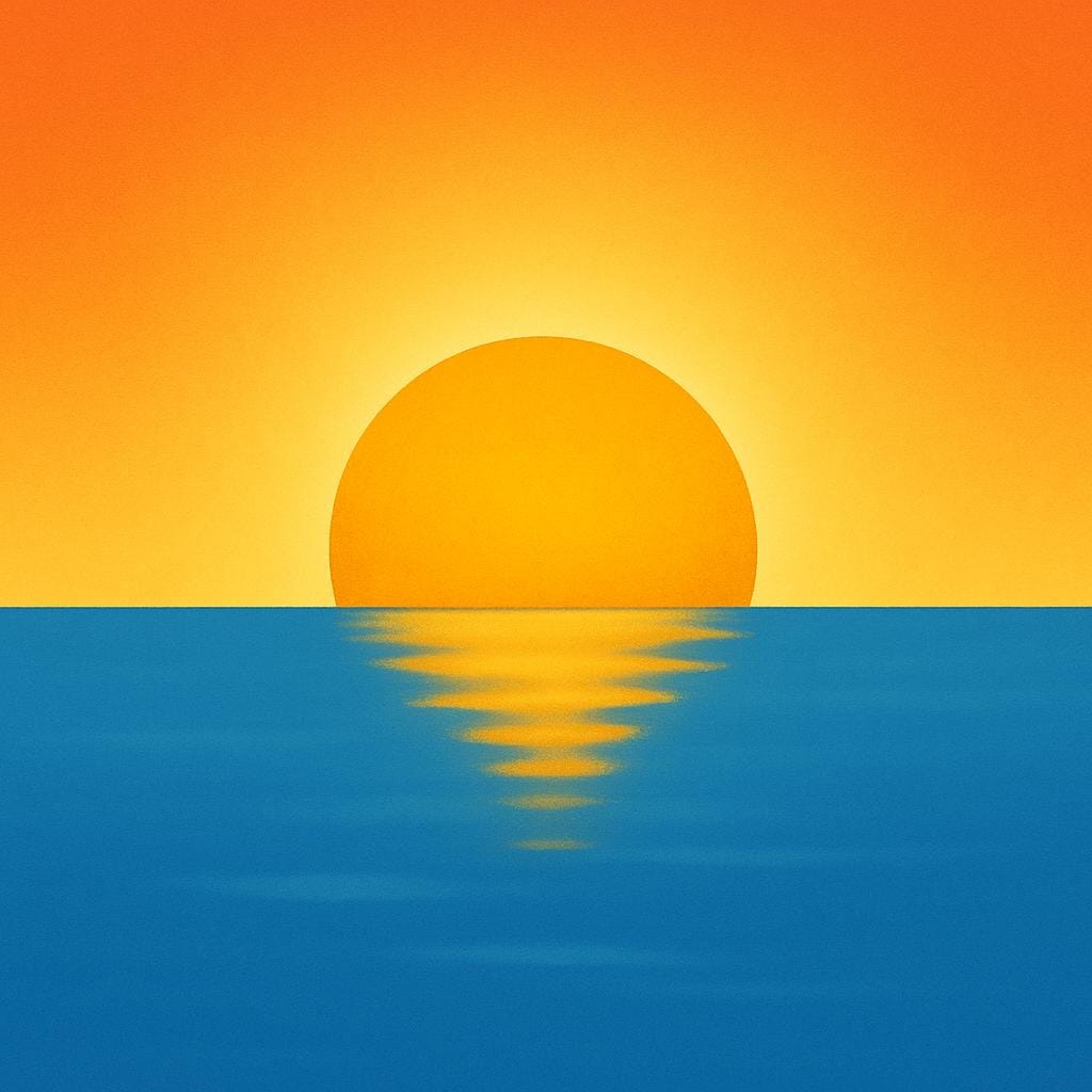 A high quality storybook illustration showing the golden sun halfway risen above a calm blue ocean horizon, symbolizing the direction east.