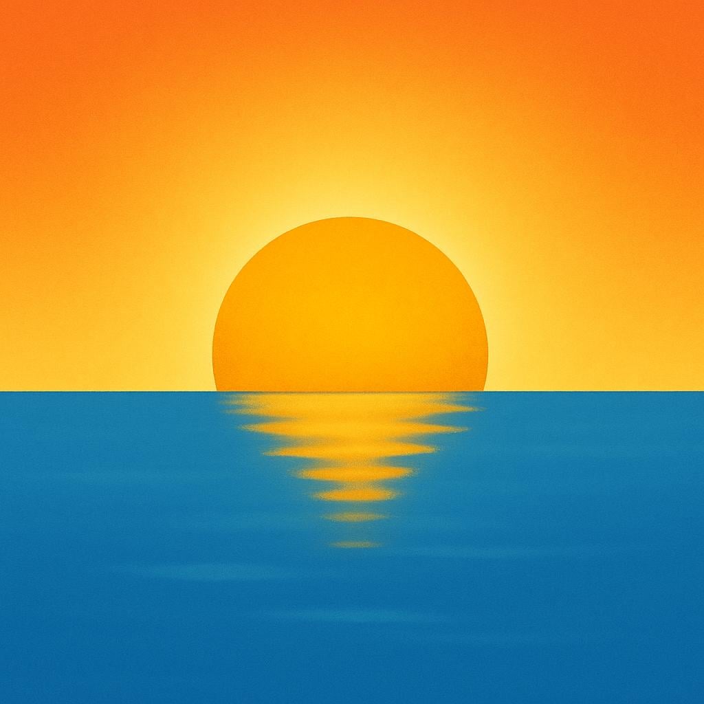 A high quality storybook illustration showing the golden sun halfway risen above a calm blue ocean horizon, symbolizing the direction east.