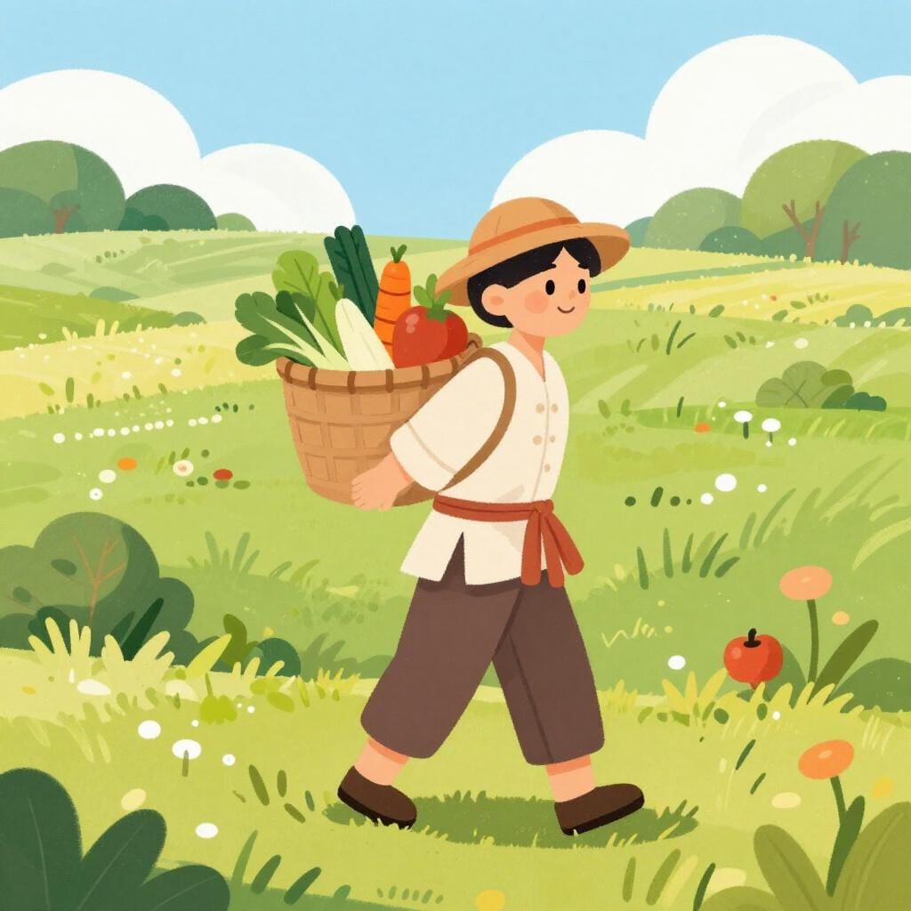 Uma pessoa com roupas simples a carregar uma cesta de vegetais num campo rural.