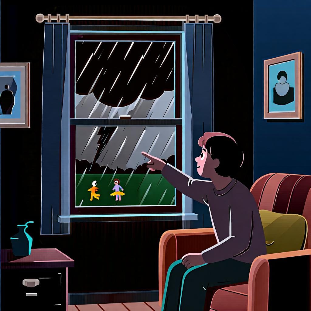 A person pointing to dark rain clouds to explain why they are staying inside, representing 'como' as a reason.