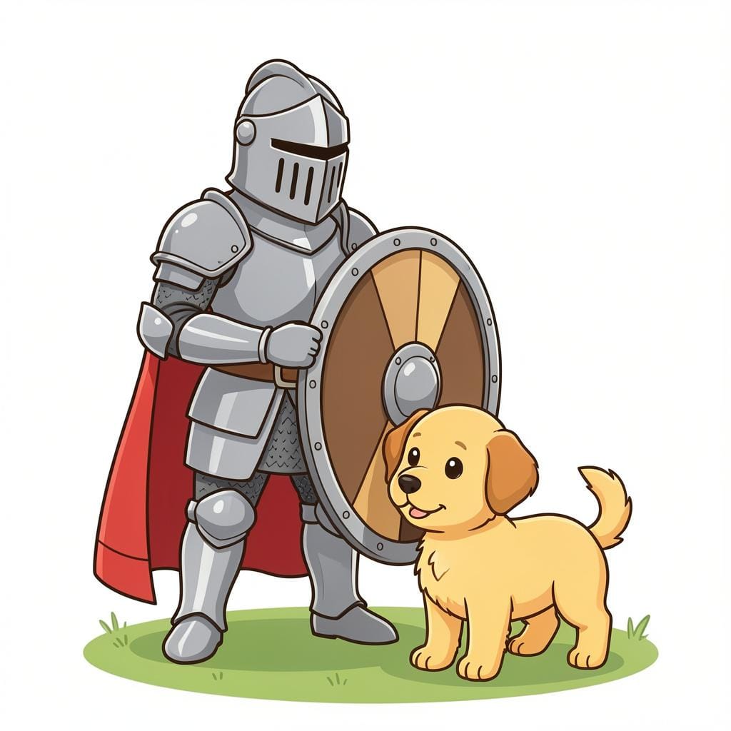 Un chevalier courageux en armure étincelante tenant un grand bouclier pour protéger un petit chiot.