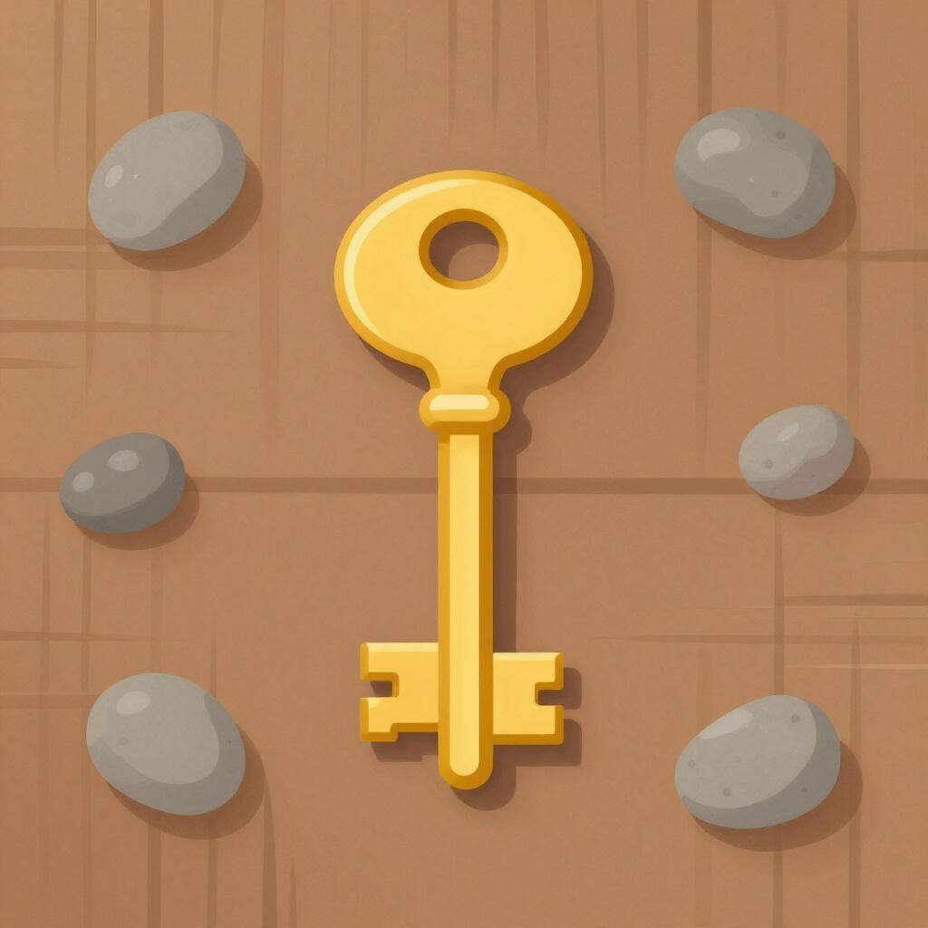 A single bright golden key standing out among several dull grey pebbles on a wooden table.