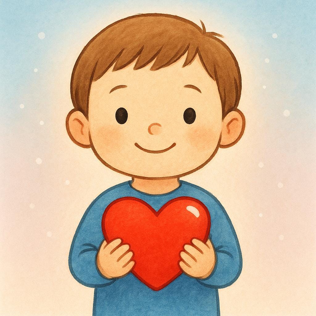 A joyful child holds a large red heart in their hands, surrounded by a faint, warm yellow glow, symbolizing the internal feeling of gratitude.