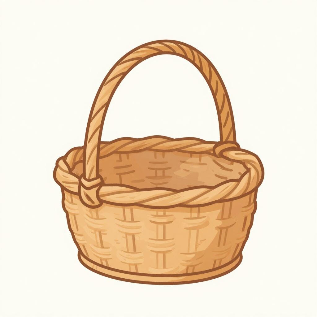 Een gevlochten rieten mand met een handvat, staand op een houten oppervlak.