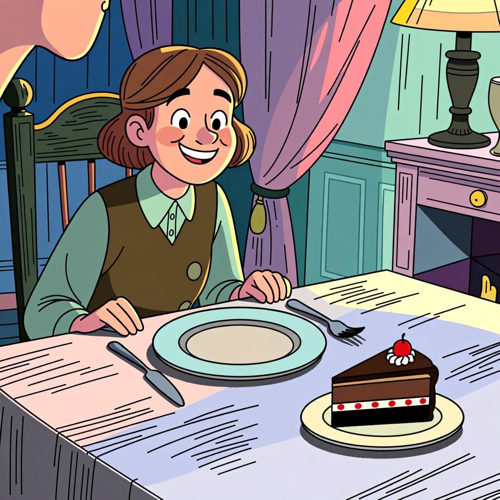 A person looking at a slice of cake on a plate, having just finished their main meal.