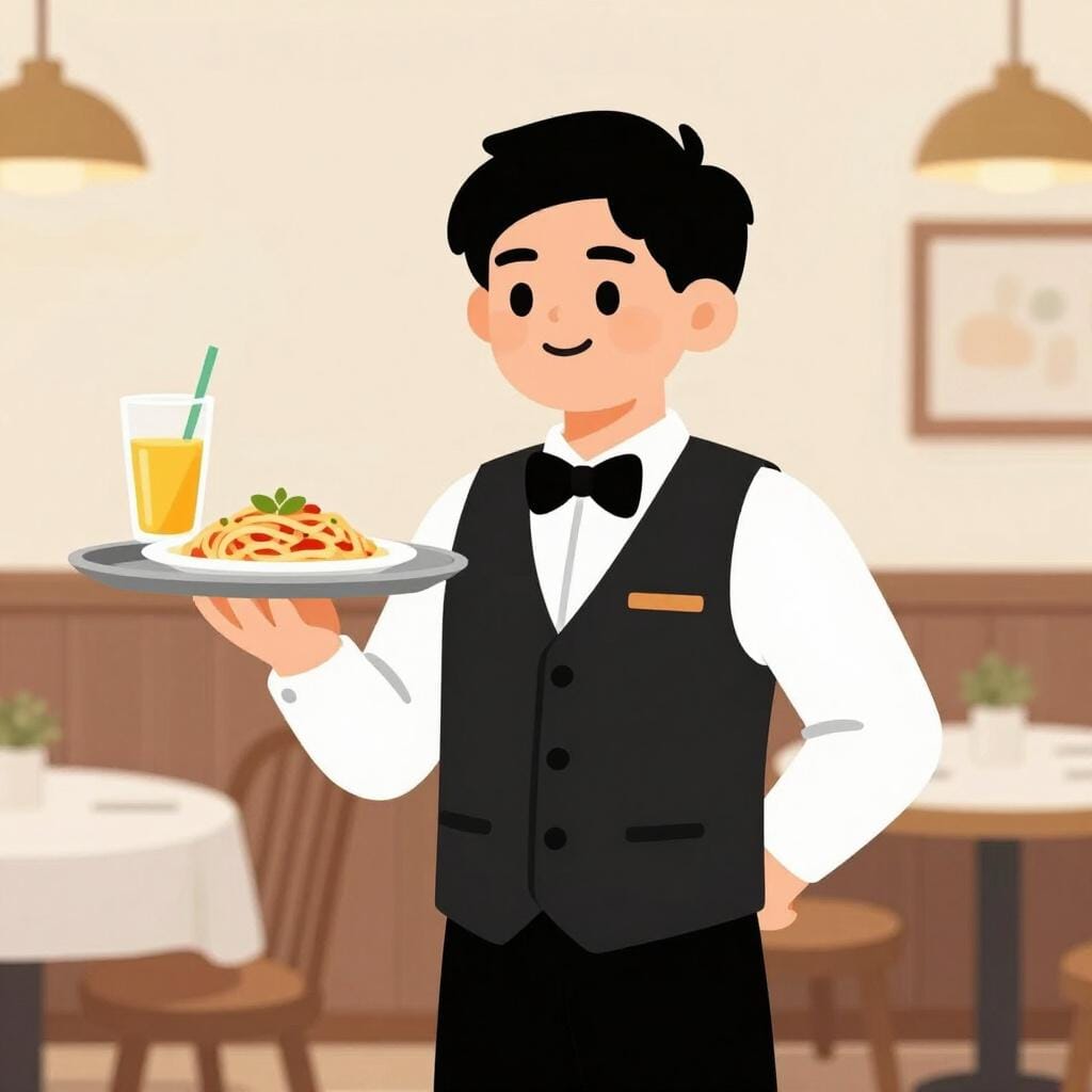 A friendly waiter in a uniform holding a silver tray with a glass of juice and a plate of food.