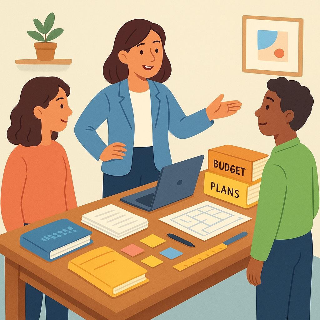 A professional person standing at a large table with several papers and models, using a hand gesture to direct or instruct two other individuals, symbolizing management.