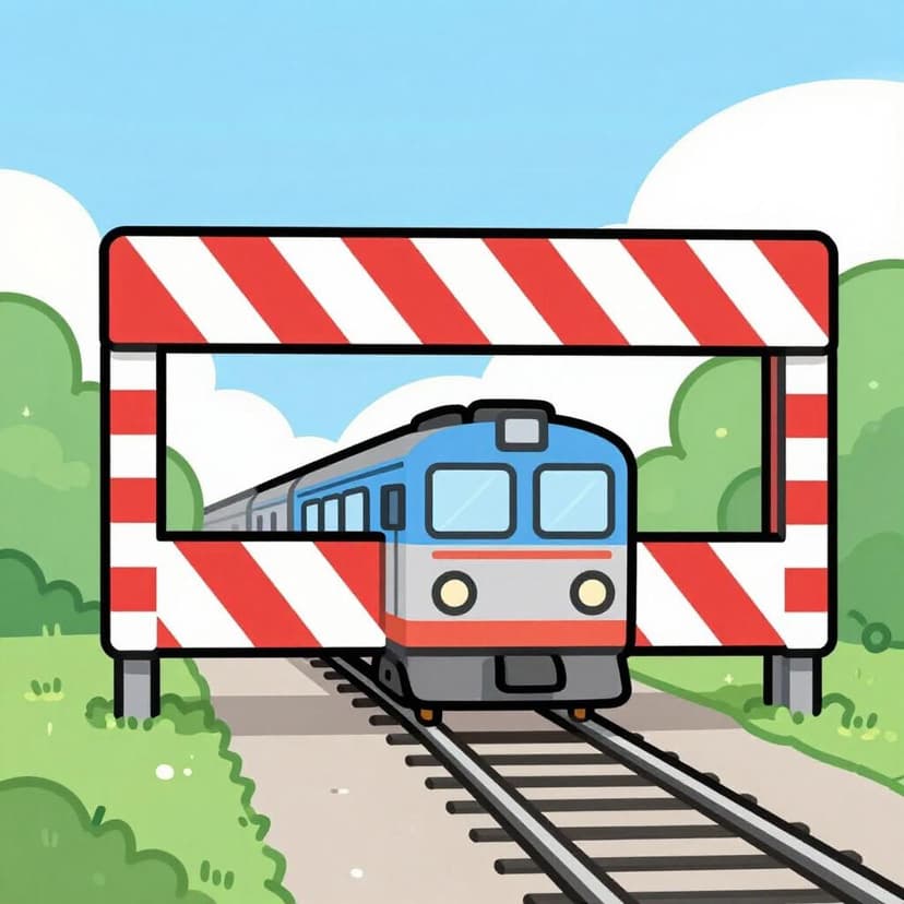 Un treno dei cartoni animati di un rosso vivo è fermo appena prima di una spessa barriera a strisce rosse e bianche attraverso i binari, impedendo qualsiasi movimento.