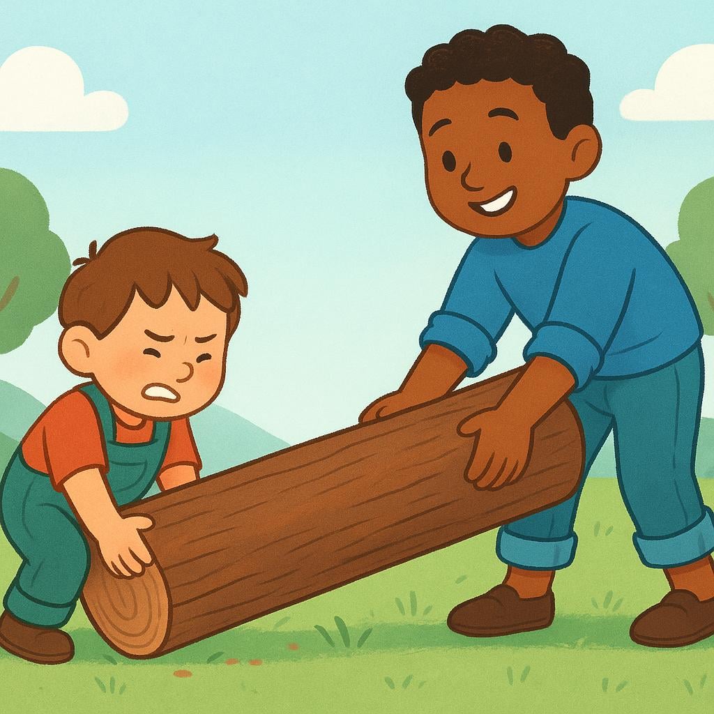 Two friendly, cartoon characters are cooperating to lift a large, heavy wooden log together.