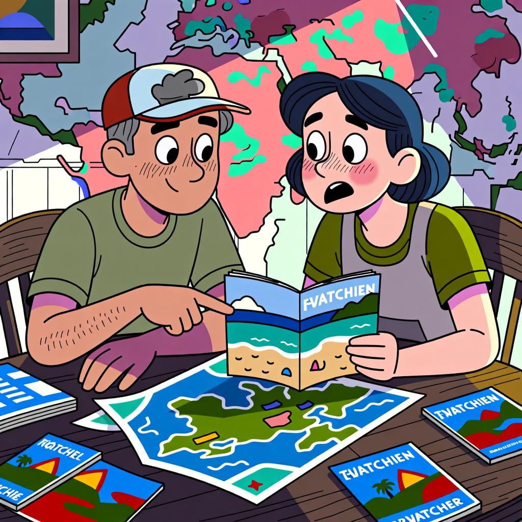 Two friends looking at a map, with one pointing to a location and looking at the other as if making a suggestion.