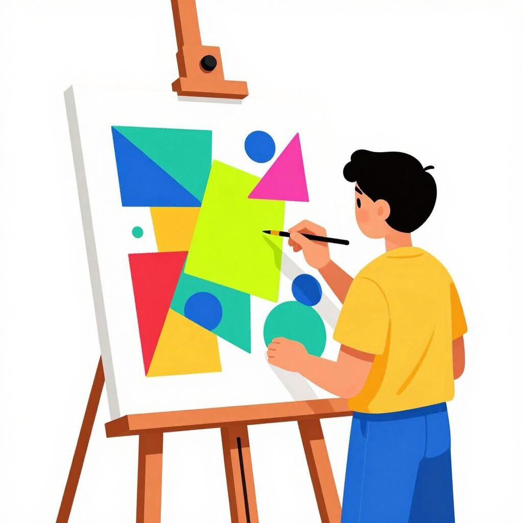 Een schilder die met een penseel een levendig, ongebruikelijk geometrisch patroon op een doek creëert.