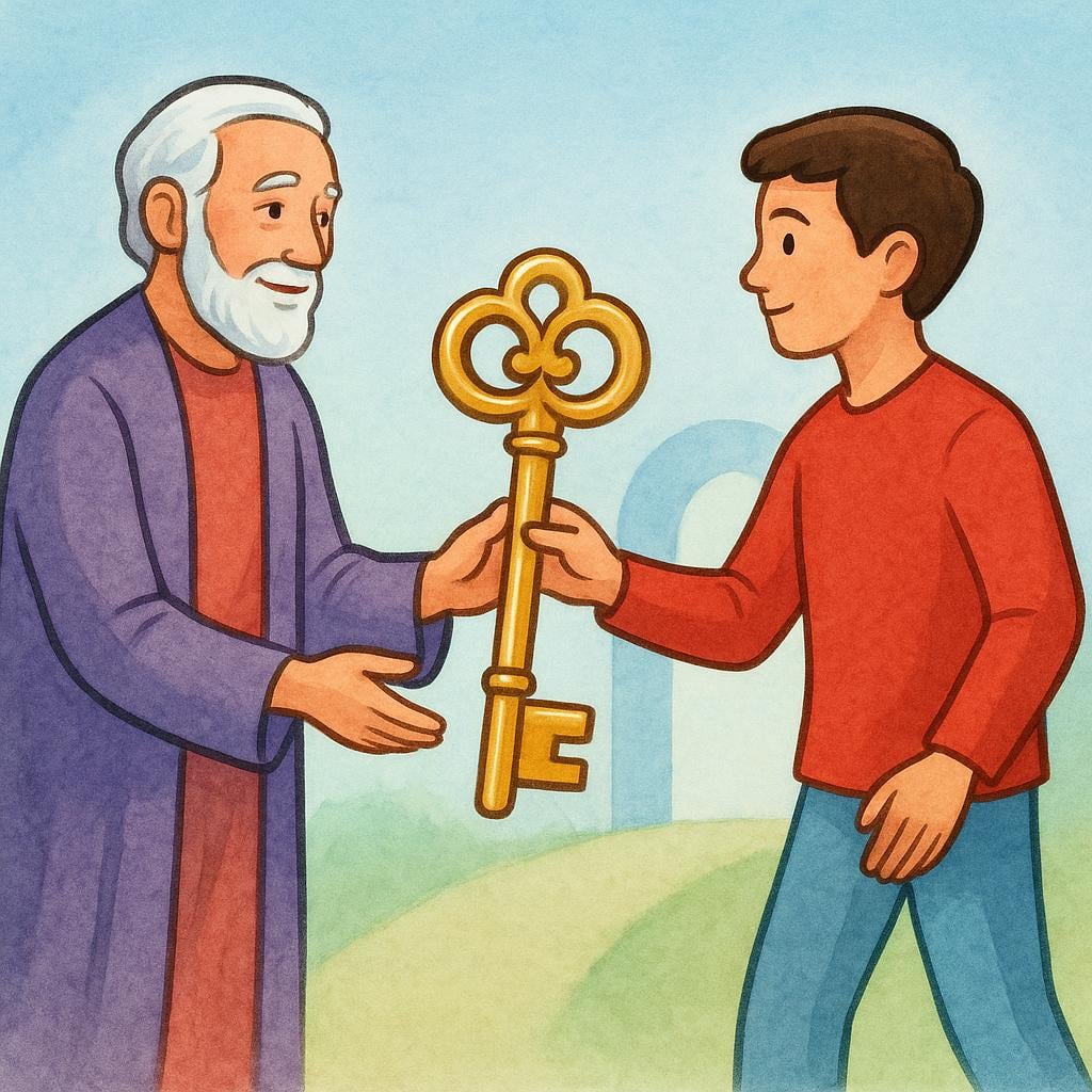 An older person handing a large golden key to a younger person, symbolizing the act of succeeding in a position.