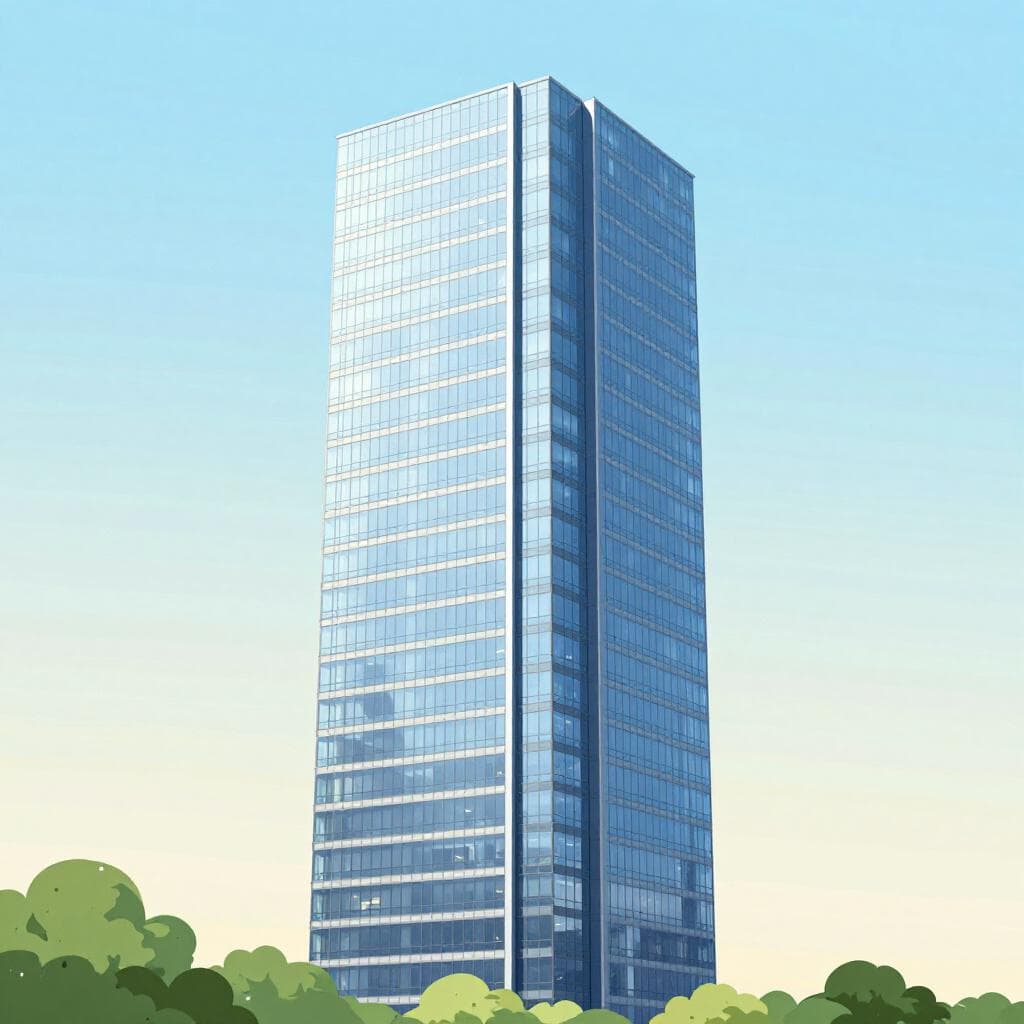 Een modern, hoog glazen kantoorgebouw dat prominent afsteekt tegen een heldere hemel.