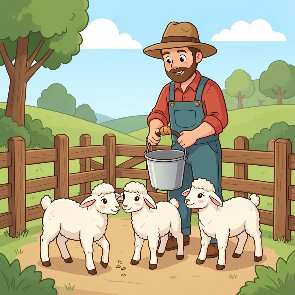 A person in overalls feeding a group of small lambs in a farm pen.
