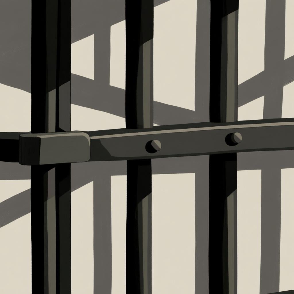 A stark image of heavy, dark metal bars casting a harsh shadow onto a gray background, symbolizing confinement and punishment.
