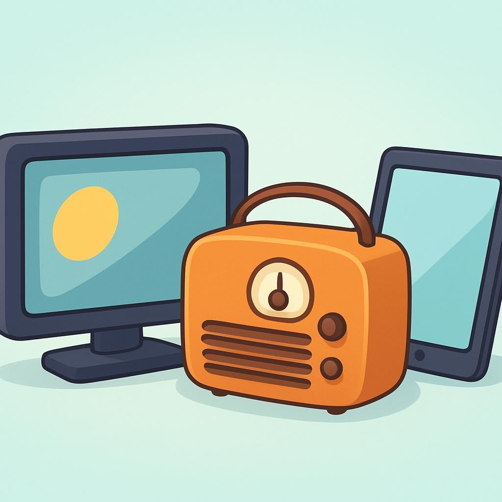 A collection of devices representing mass communication: a simple television set, a radio, and a tablet device, all grouped together.